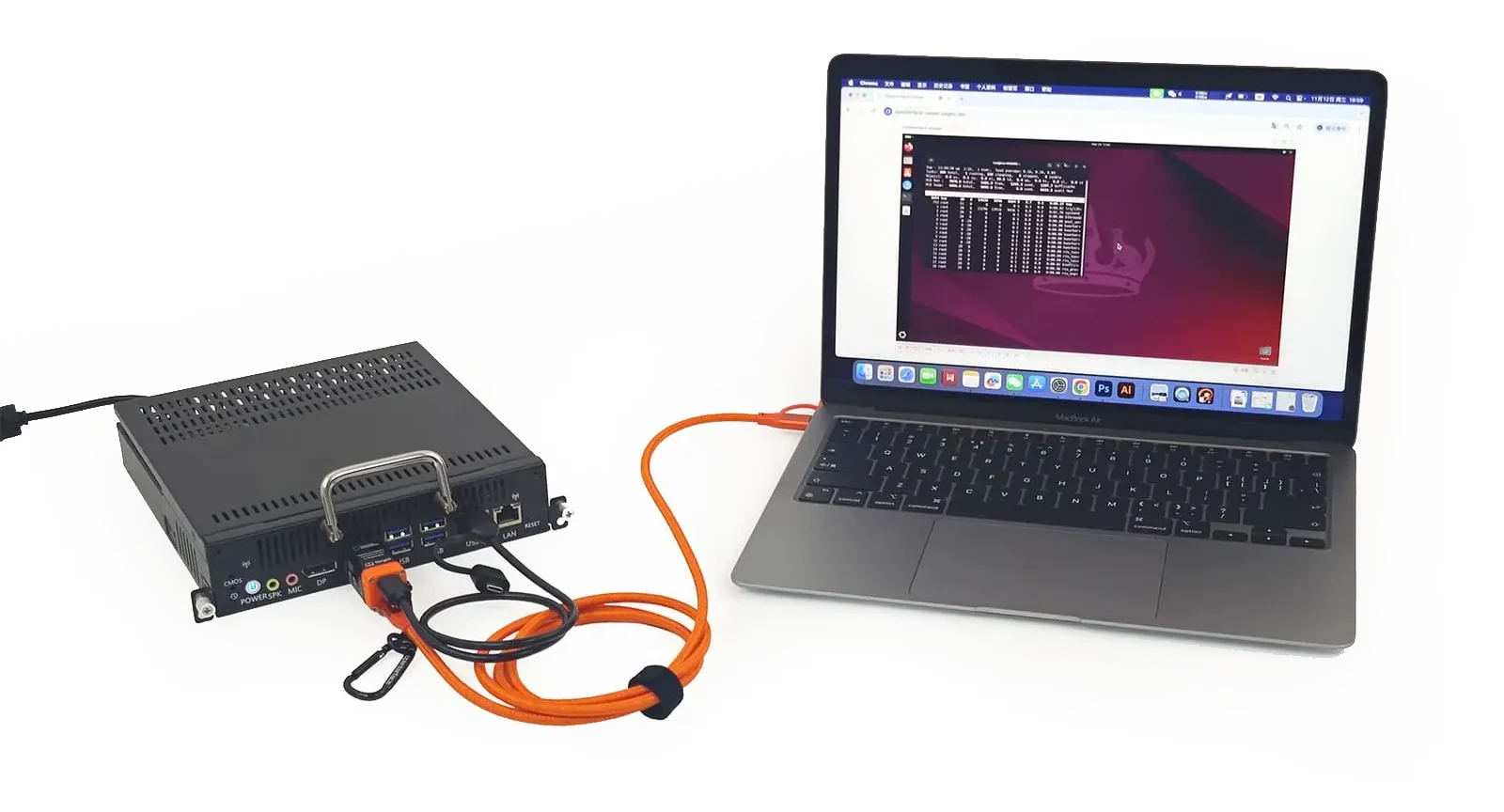 KVM-GO controlling a laptop over VGA with video, keyboard, and mouse from one cable